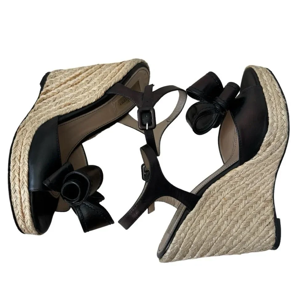 Valentino Garavani Nappa Bow Espadrille Wedge Sandals EU 38